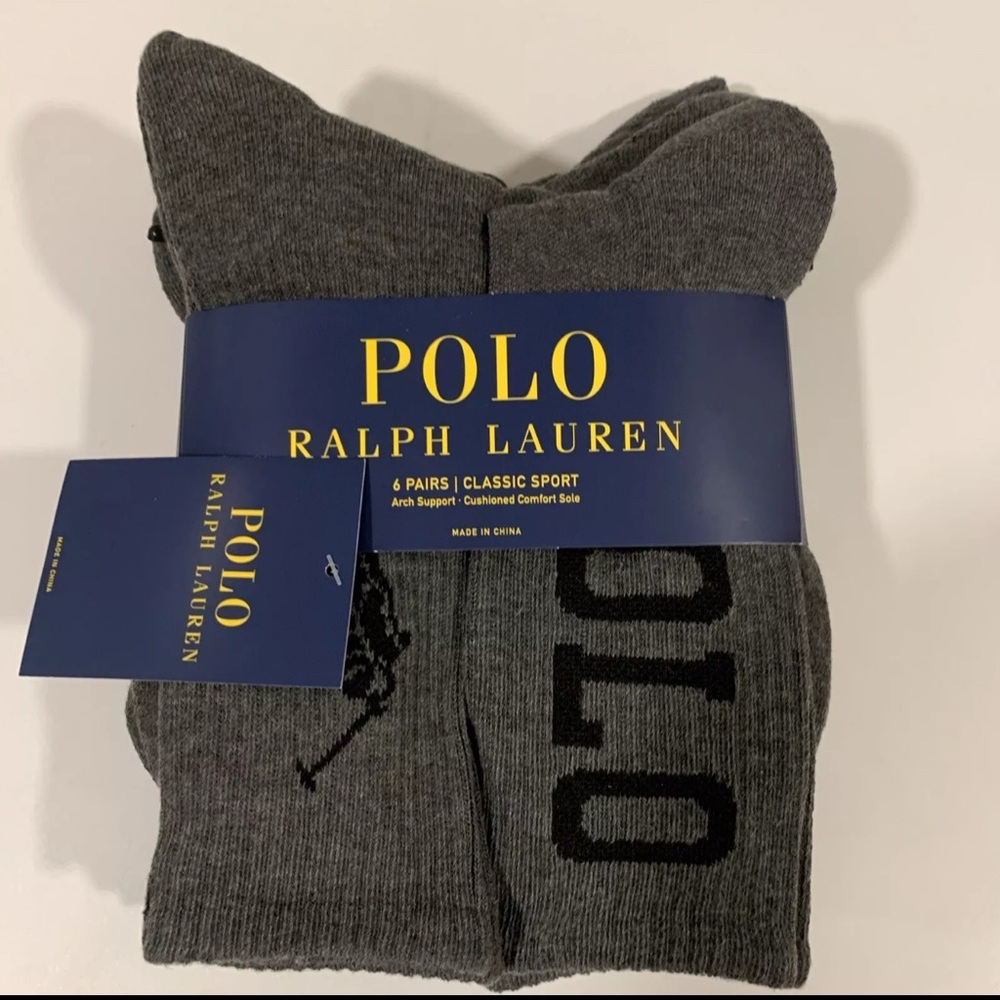 Polo Ralph Lauren 6 Pairs Crew Socks Big Pony Sport Gray Black Size 10-13 NWT